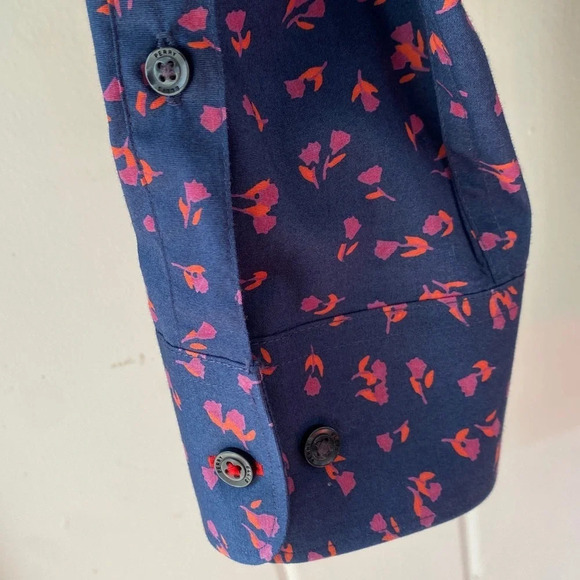 Perry Ellis, Stretch Slim Fit Floral Pattern Button-down Shirt, Navy Blue, Pink - Picture 8 of 12